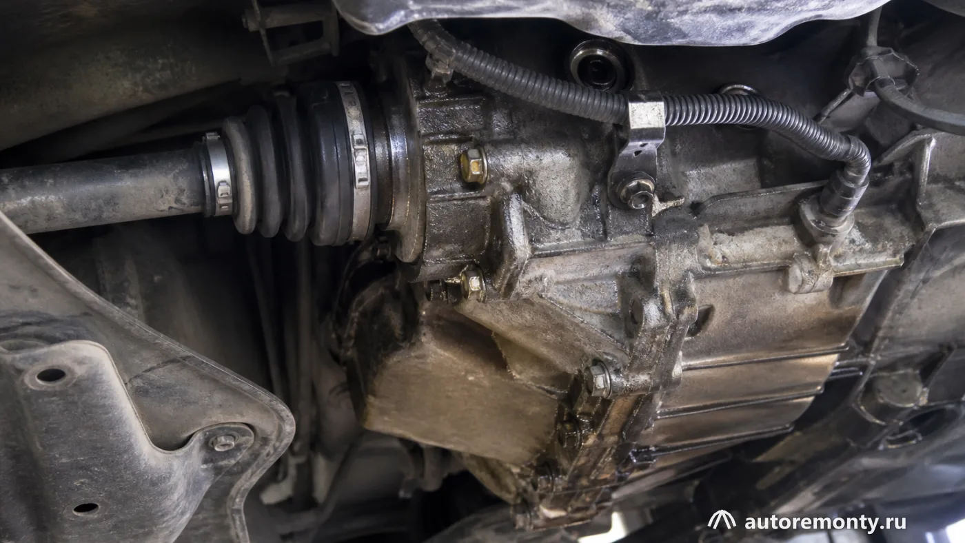 Нижняя часть автомобиля на подъёмнике, зона стыка коробки и привода с возможными следами рабочей — болячки рено дастер 2016 коробка передач