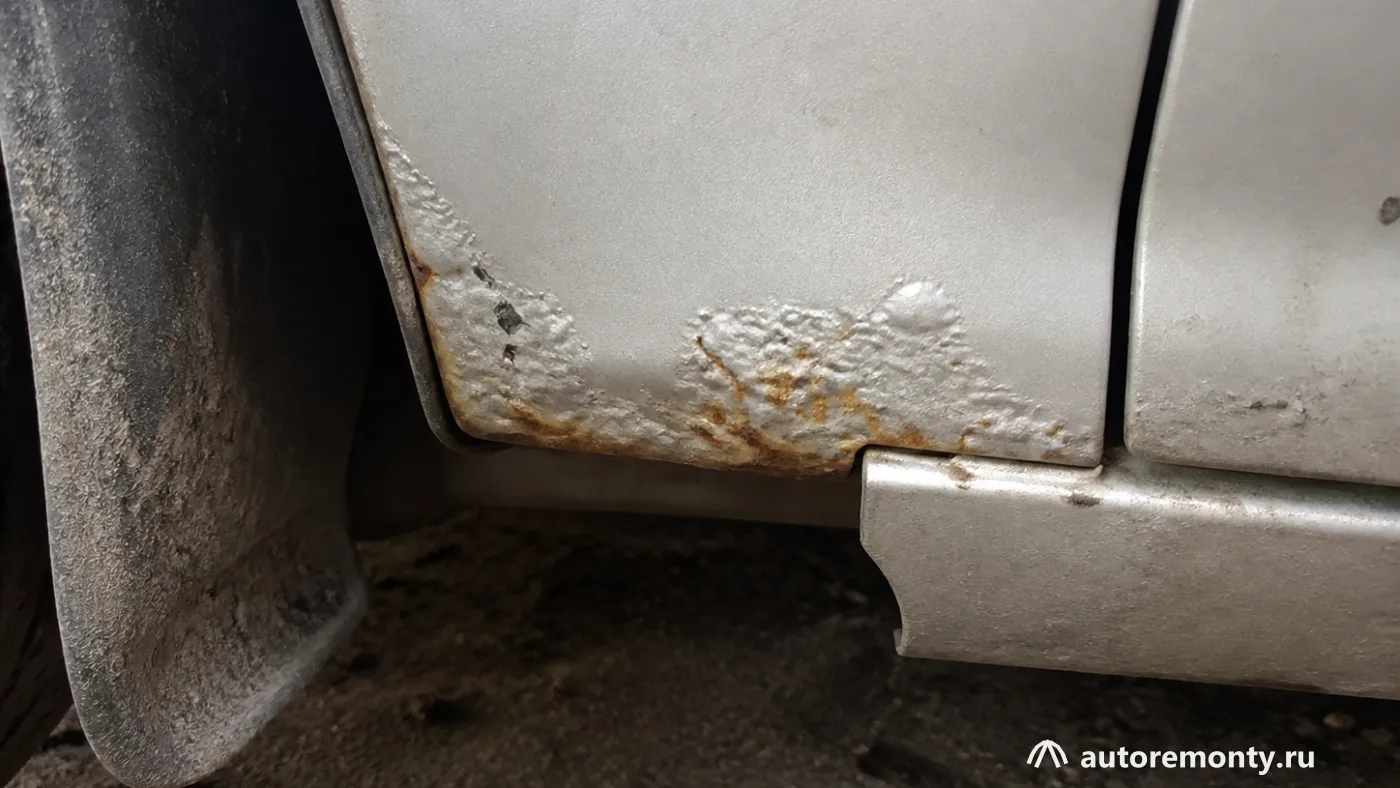 Нижняя часть переднего крыла в районе стыка с порогом, видны вздутия лакокрасочного покрытия и рыжие — болячки фольксваген поло седан 2013 кузов