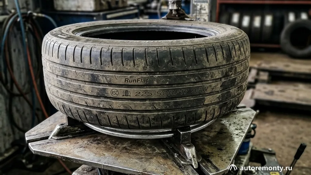 Боковины шины с маркировкой RunFlat (символы RSC или ZP), лежащей на шиномонтажном станке перед — расшифровка маркировки шин