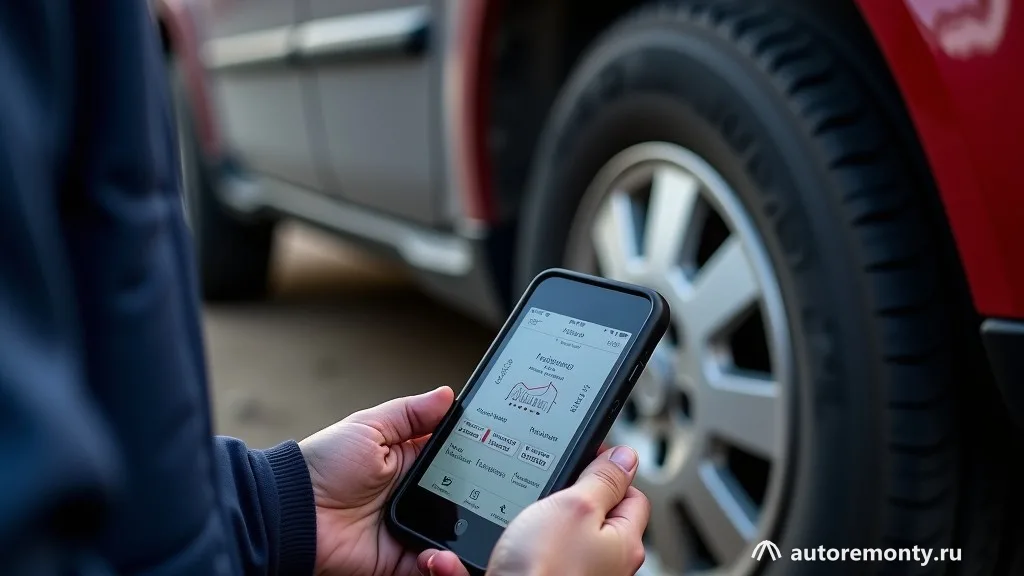 Ручной TPMS-тестер поднесён к боковине шины рядом с вентилем, на экране условные графические индикаторы — не видит датчик давления