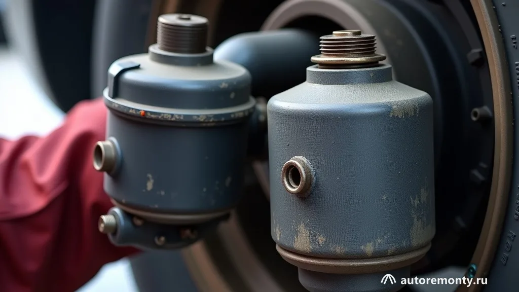 Два снятых датчика TPMS с разной формой корпуса и креплением к вентилю, рядом измерительный прибор, без — не видит датчик давления