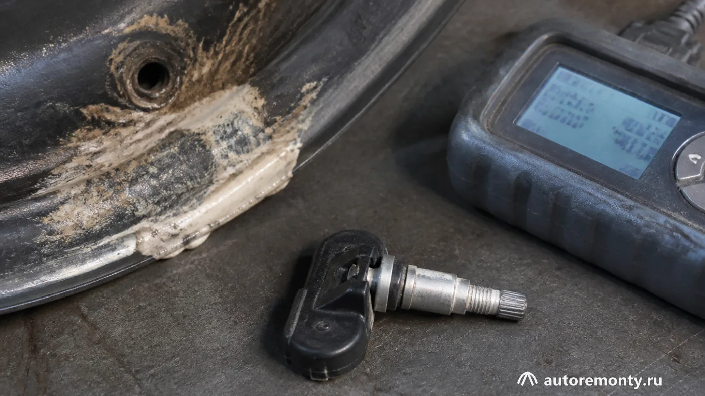 Датчик TPMS, снятый с обода, рядом находятся остатки герметика и диагностический прибор без читаемых — герметик для шин последствия
