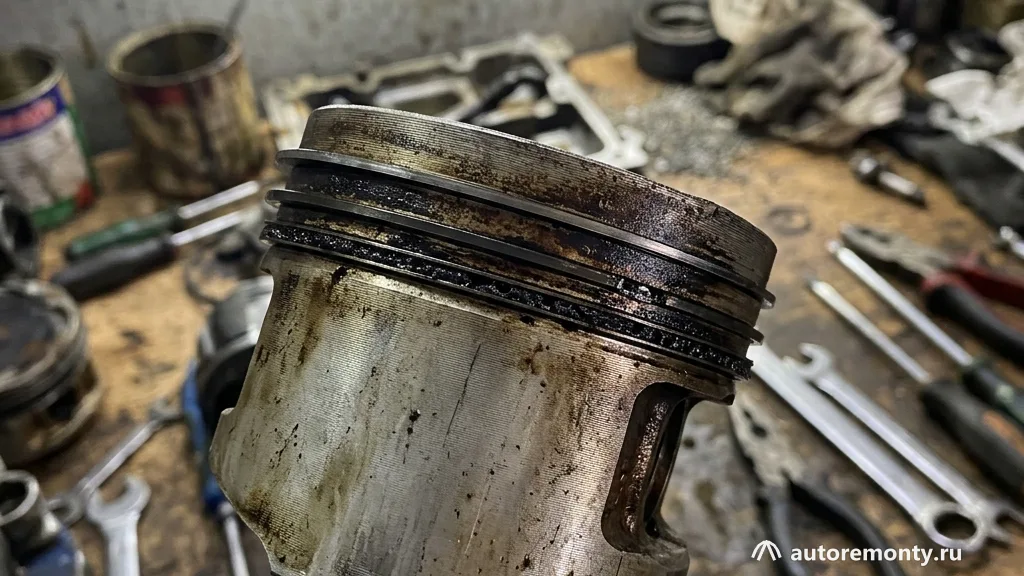 Разобранный двигатель Хёндай Солярис, поршня со снятыми кольцами, канавки поршня полностью забиты чёрным — какое масло заливать в двигатель