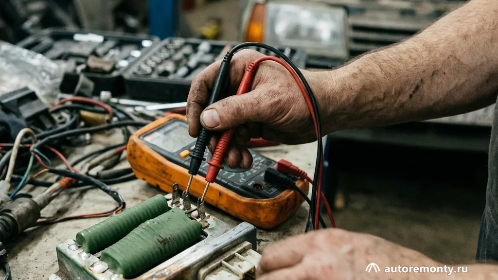 Рука мастера с помощью мультиметра проверяет сопротивление на контактах демонтированного резистора печки — не работает вентилятор печки