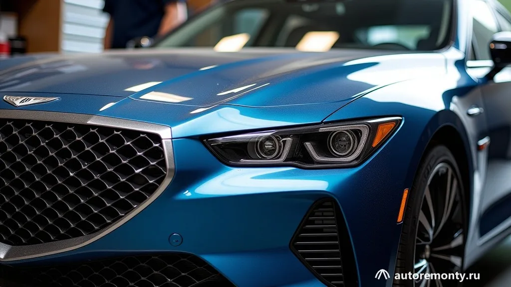 Фронтальная часть кроссовера Genesis GV80 с фирменной крупной решёткой радиатора и узкими фарами, вид в — Гибридный Genesis GV80 стал мощнее на 47 л.с. и на 25% экономичнее