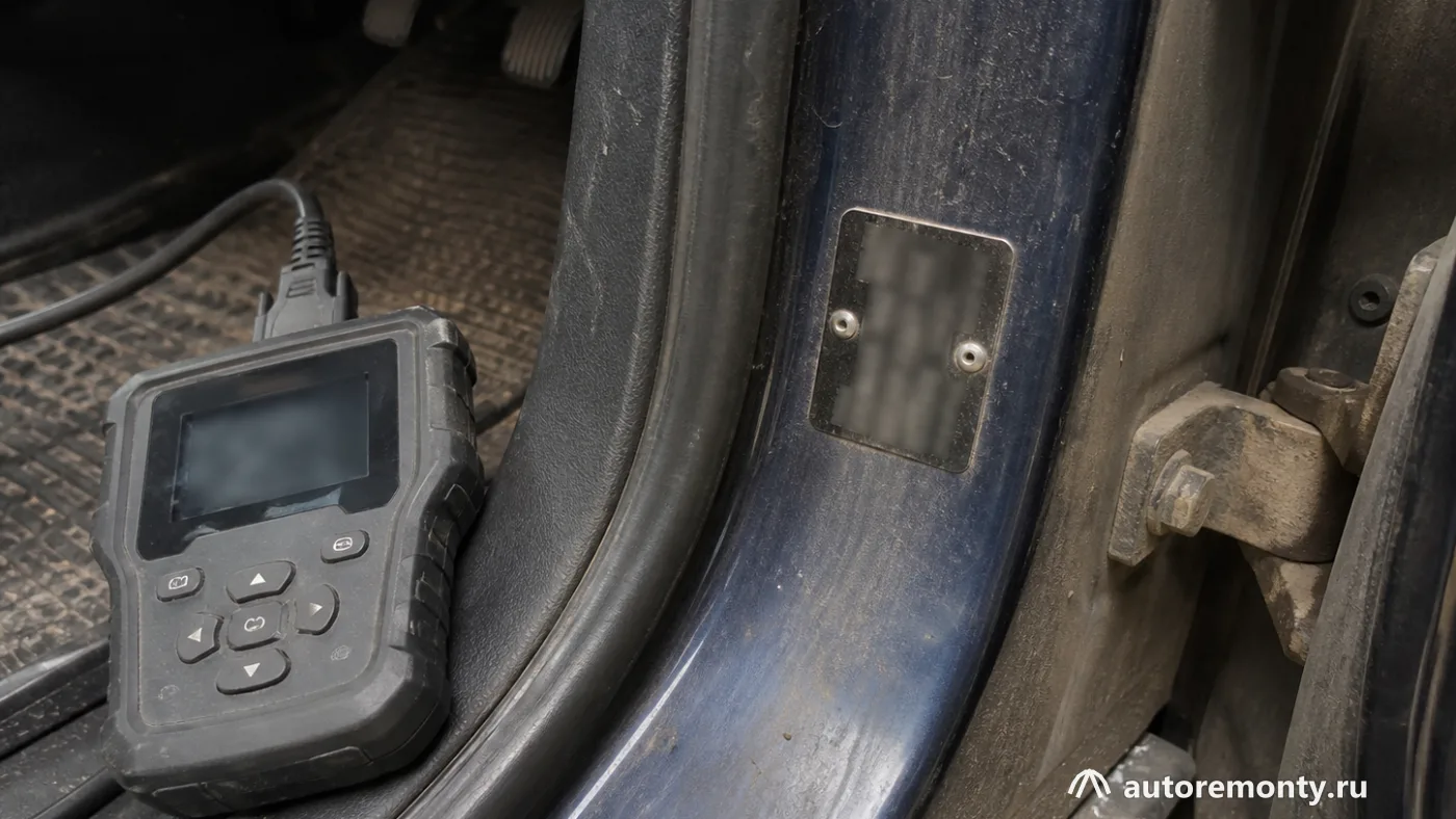 Табличка с идентификационными данными в проёме кузова Ford Focus 3 и диагностический сканер рядом — Ford Focus 3 обзор болячки плюсы минусы