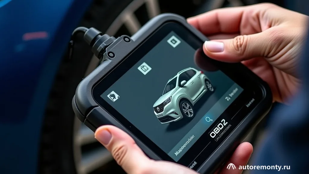Диагностический сканер с кабелем OBD2, подключённый к разъёму автомобиля, экран показывает меню — ошибка P0122