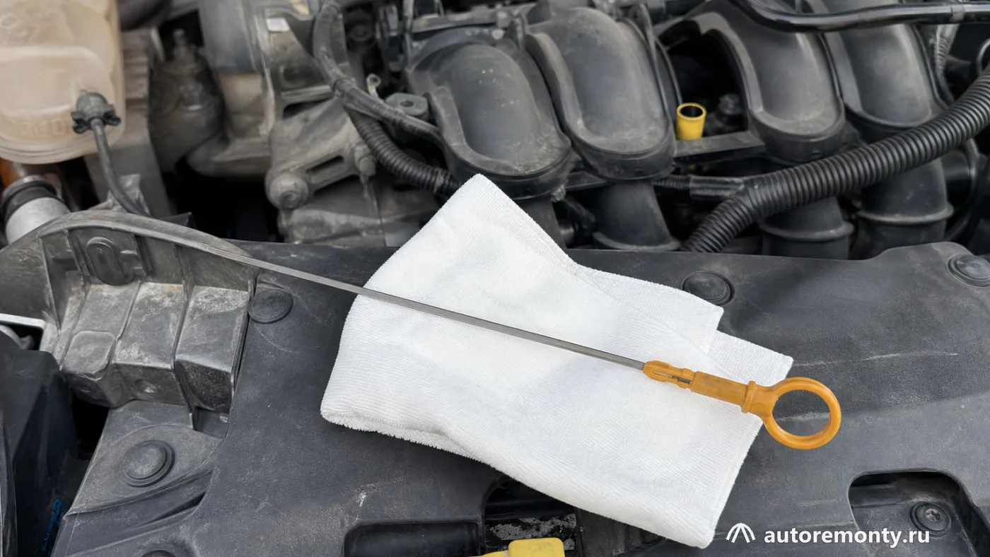 Подкапотное пространство Ford Focus 3 щуп моторного масла частично вынут для проверки уровня, рядом — регламент ТО Форд Фокус 3