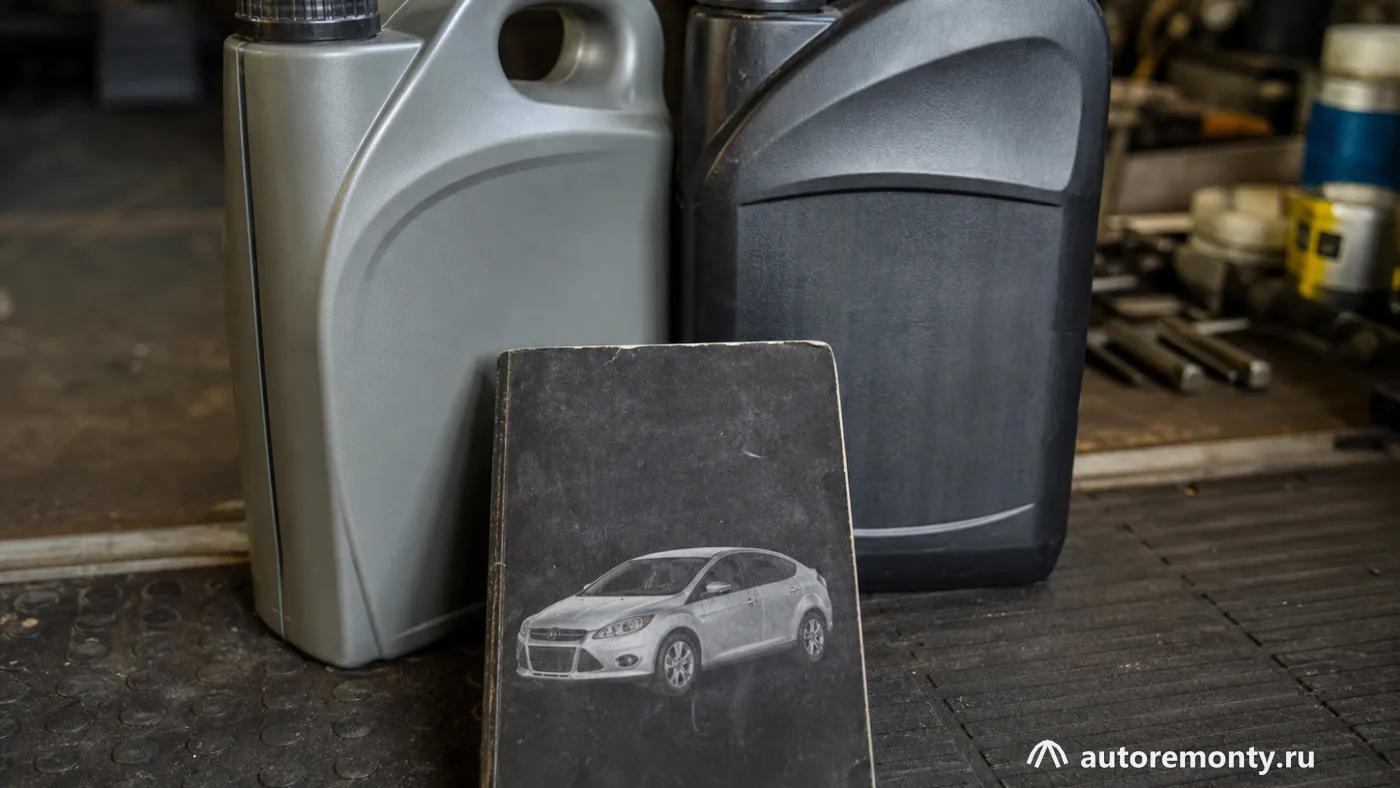 Сервисная книжка Ford Focus 3 рядом с закрытыми канистрами моторного и трансмиссионного масла без — регламент ТО Форд Фокус 3