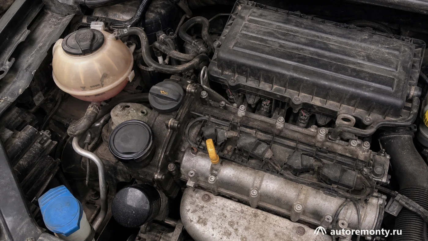 Подкапотное пространство Volkswagen Polo Sedan, вид сверху — видны масляный фильтр, расширительный бачок — регламент ТО Фольксваген Поло седан